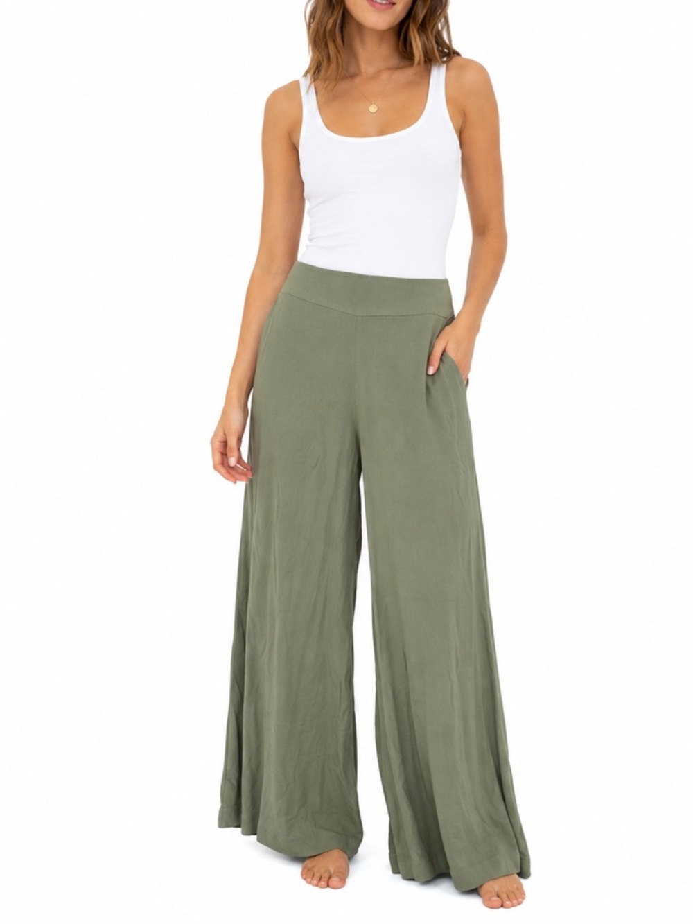 Artitzia Womens Gauzy Green Wide Leg Trousers Size Medium Loose Casual Elastic M
